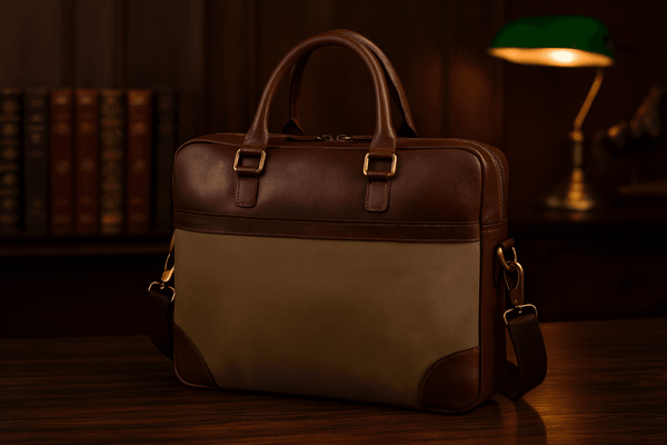 Premium Full-Grain Leather & Canvas Laptop Briefcase for Men | Handmade Office & Travel Bag by Aaron Leather Goods - Aaron Leather Goods