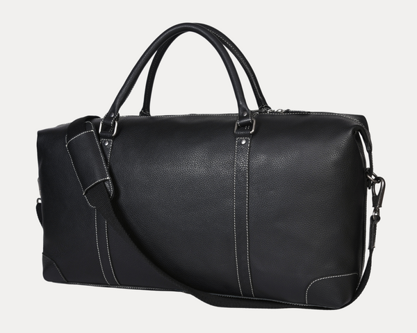 Black Full-Grain Leather Duffle Bag with White Stitching – Handmade Travel Weekender by Aaron Leather Goods"