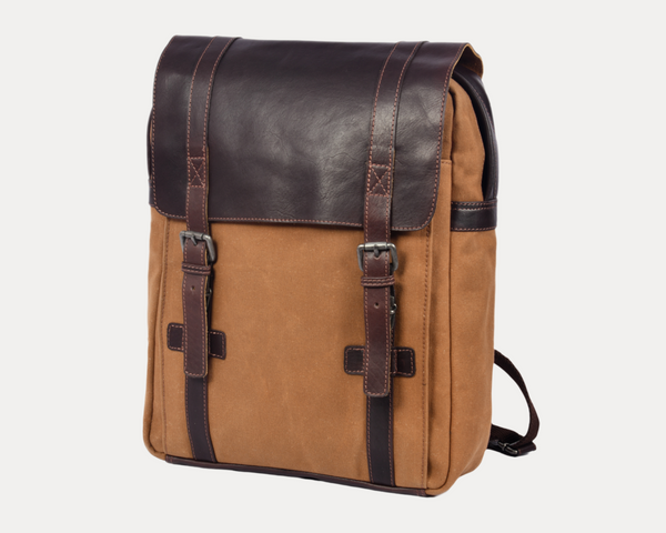 Tan Canvas and Brown Leather Backpack with Dual Buckle Straps – Vintage Travel Rucksack by Aaron Leather Goods