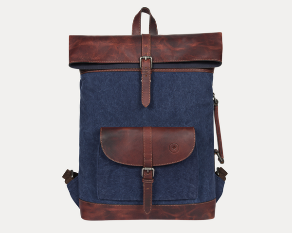 Blue Canvas and Brown Leather Roll Top Backpack with Front Buckle Pocket – Handmade Travel Rucksack by Aaron Leather Goods