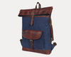 Blue Canvas and Brown Leather Roll Top Backpack with Front Buckle Pocket – Handmade Travel Rucksack by Aaron Leather Goods