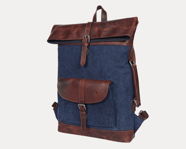 Vintage Blue Canvas & Leather Backpack - Aaron Leather Goods