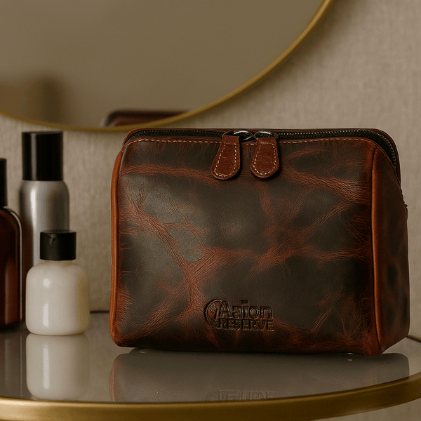 Aaron Reserve Vintage Leather Toiletry Bag for Men – Full - Grain Dual Tone Dopp Kit with Tartan Lining & Zipper Closure – Compact Travel Organizer (Model: LH - WB - 176) - Aaron Leather Goods