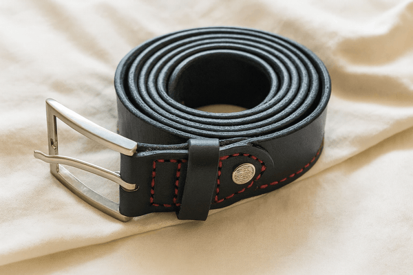 Premium Black Leather Belt with Red Stitching & Silver Buckle - Aaron Leather Goods