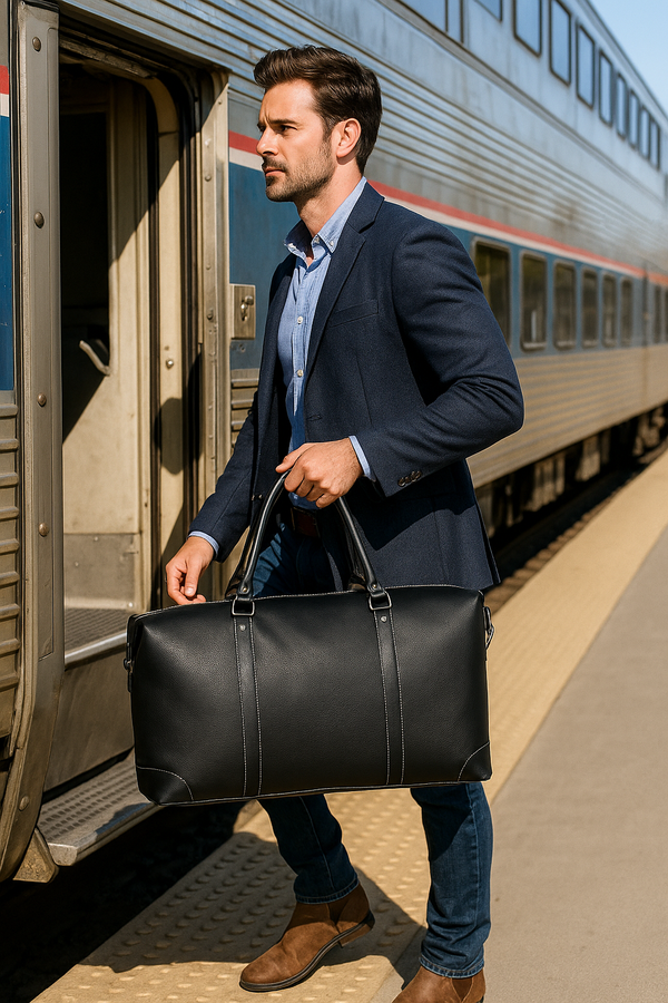 Black Full-Grain Leather Duffle Bag with White Stitching – Handmade Travel Weekender by Aaron Leather Goods"
