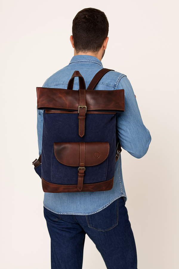 Blue Canvas and Brown Leather Roll Top Backpack with Front Buckle Pocket – Handmade Travel Rucksack by Aaron Leather Goods
