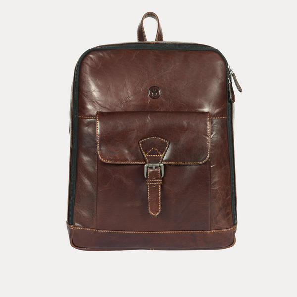 Handcrafted Brown Full-Grain Leather Backpack with Front Buckle Pocket – Vintage Travel Bag by Aaron Leather Goods