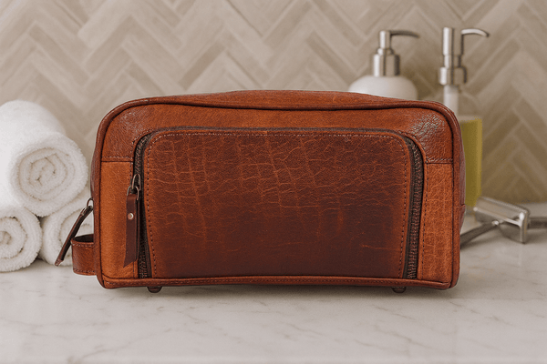 Barcelona Leather Toiletry Bag - Caramel Brown - Aaron Leather Goods