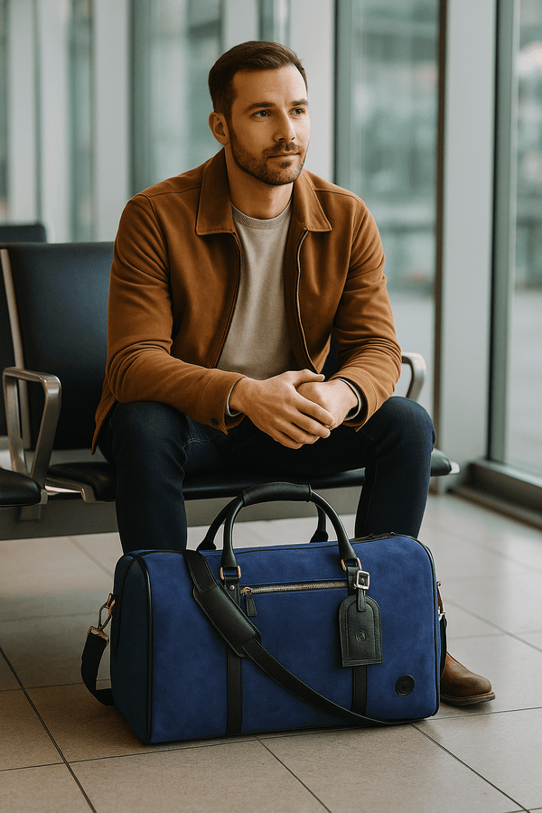 Pomona Leather Suede Weekender Bag - Blue - Aaron Leather Goods