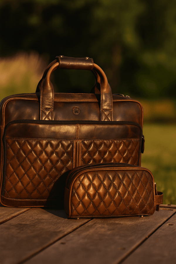Aaron Leather Goods Quilted Leather Portfolio & Toiletry Bag Combo – Vintage Elegance Meets Everyday Utility - Aaron Leather Goods