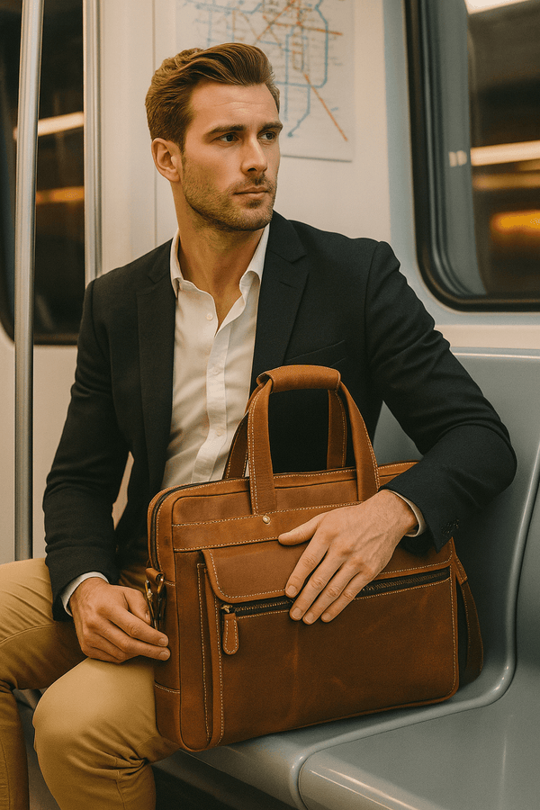 Aaron Leather Goods - Premium Tan Leather Office Bag - Aaron Leather Goods