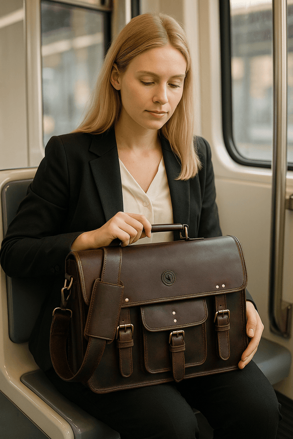 Ancona Leather Office Bag 15" - Walnut - Aaron Leather Goods