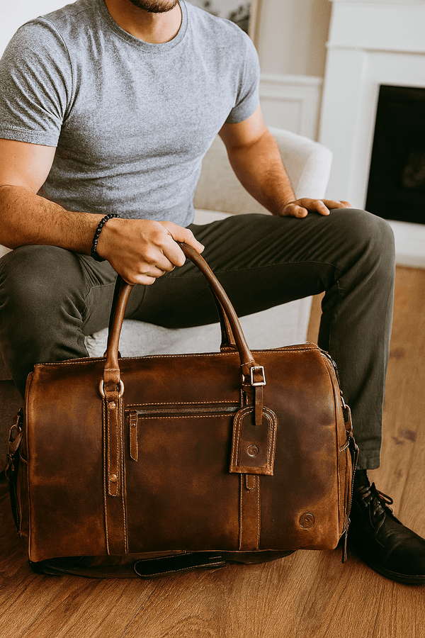 Arezzo Leather Overnight Bag - Caramel Brown - Aaron Leather Goods