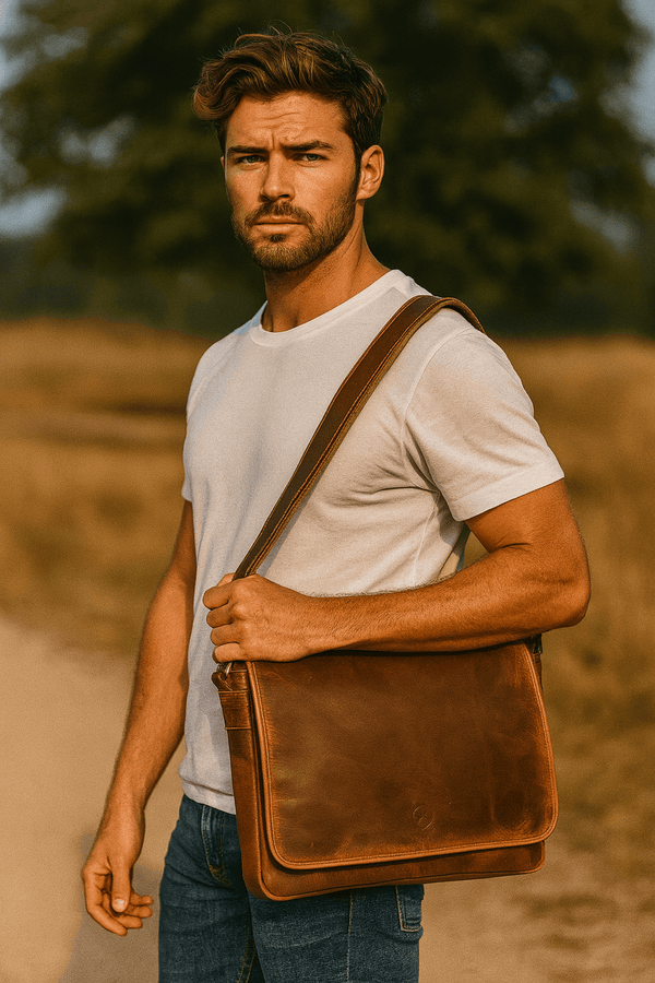 Savona Leather Messenger Bag - Caramel Brown - Aaron Leather Goods