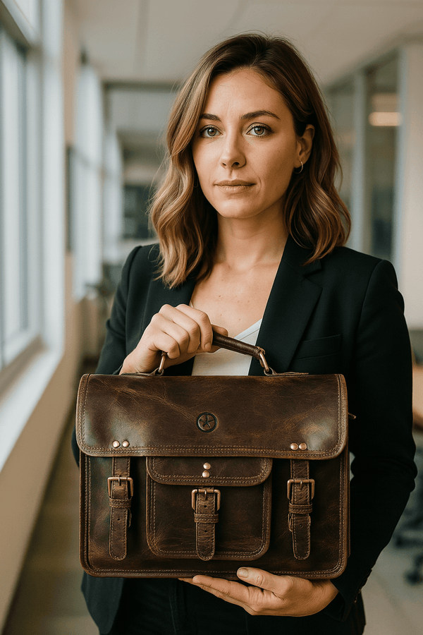 Ancona Leather Office Bag 15" - Brown - Aaron Leather Goods