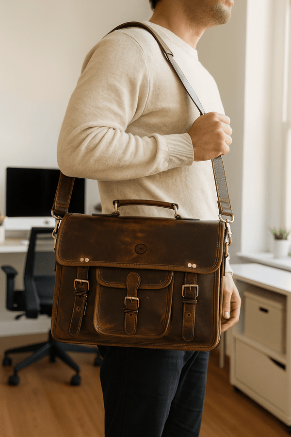 Ancona Leather Office Bag 15" - Dark Brown - Aaron Leather Goods