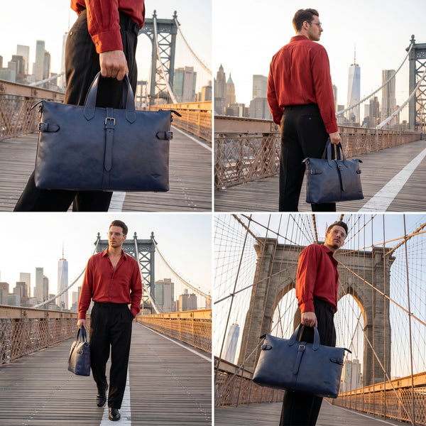 Timeless Leather Weekender Bag with Top Handles- Navy