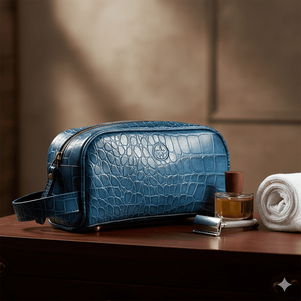 Aubrielle Leather Toiletry Bag - Blue Croco - Aaron Leather Goods