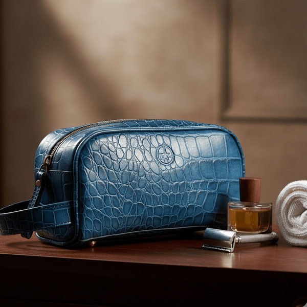 Aubrielle Leather Toiletry Bag - Blue Croco - Aaron Leather Goods