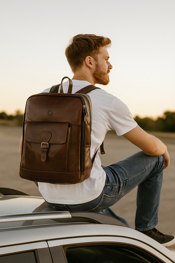 Handcrafted Brown Full-Grain Leather Backpack with Front Buckle Pocket – Vintage Travel Bag by Aaron Leather Goods