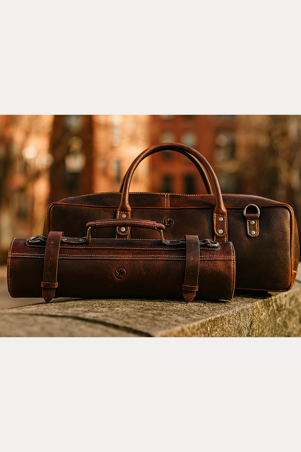 Tuscania Leather Knife Roll & Bag Combo - Walnut Brown