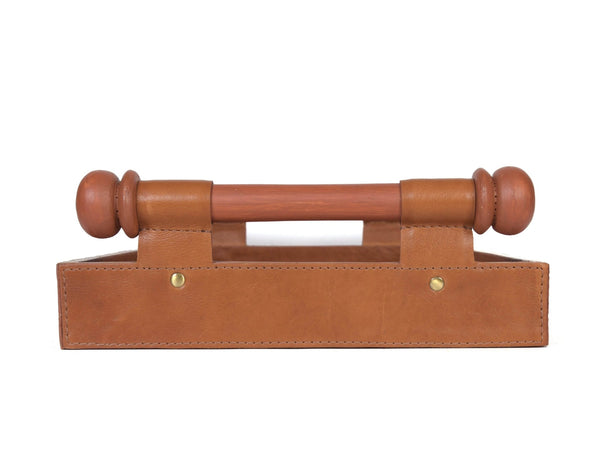LuxeCraft Leather & Wood Serving Tray - Tan - Aaron Leather Goods
