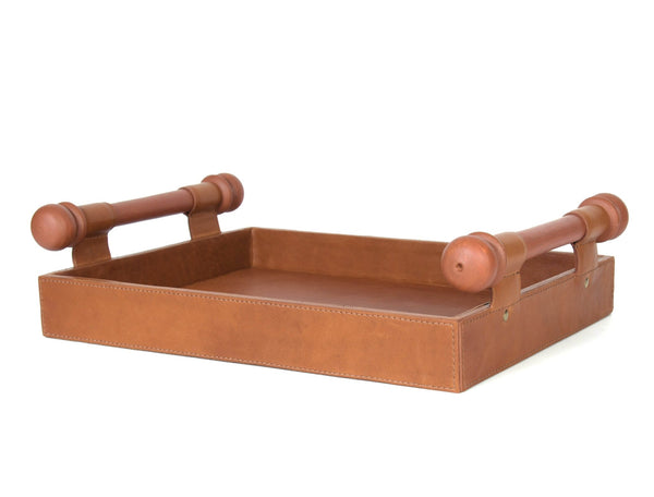 LuxeCraft Leather & Wood Serving Tray - Tan - Aaron Leather Goods