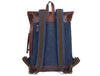 Blue Canvas and Brown Leather Roll Top Backpack with Front Buckle Pocket – Handmade Travel Rucksack by Aaron Leather Goods