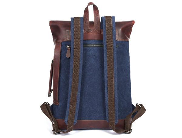Blue Canvas and Brown Leather Roll Top Backpack with Front Buckle Pocket – Handmade Travel Rucksack by Aaron Leather Goods