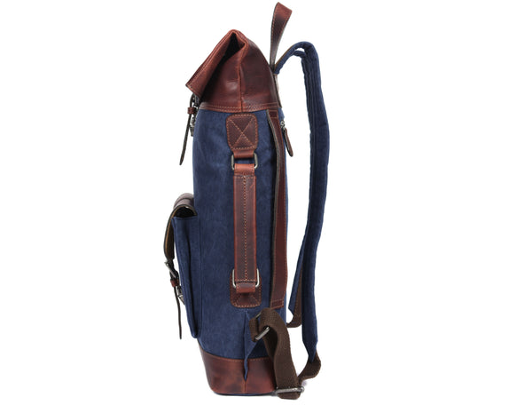 Blue Canvas and Brown Leather Roll Top Backpack with Front Buckle Pocket – Handmade Travel Rucksack by Aaron Leather Goods