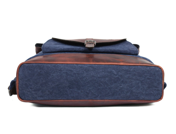 Blue Canvas and Brown Leather Roll Top Backpack with Front Buckle Pocket – Handmade Travel Rucksack by Aaron Leather Goods