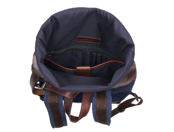 Vintage Blue Canvas & Leather Backpack - Aaron Leather Goods