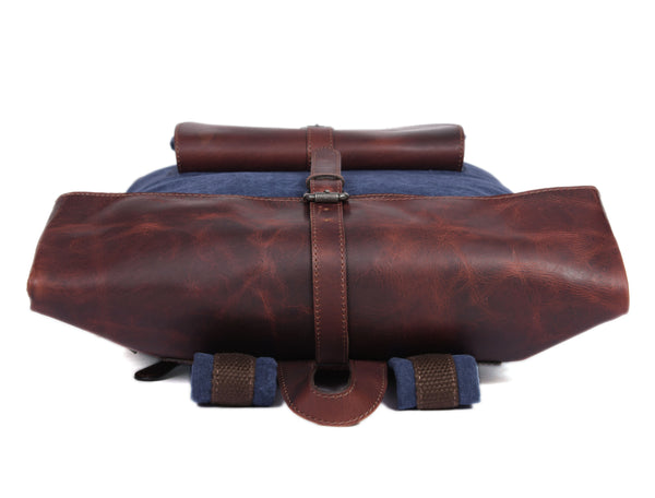 Blue Canvas and Brown Leather Roll Top Backpack with Front Buckle Pocket – Handmade Travel Rucksack by Aaron Leather Goods