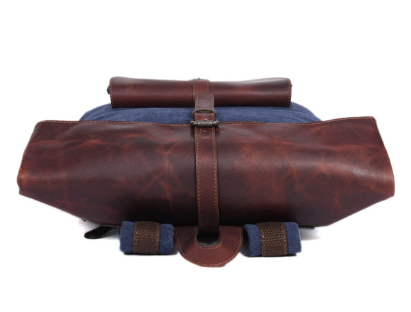 Vintage Blue Canvas & Leather Backpack - Aaron Leather Goods
