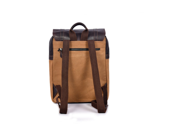 Tan Canvas and Brown Leather Backpack with Dual Buckle Straps – Vintage Travel Rucksack by Aaron Leather Goods