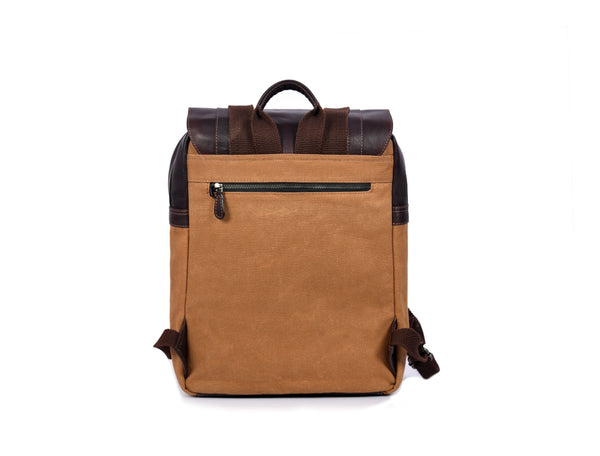 Tan Canvas and Brown Leather Backpack with Dual Buckle Straps – Vintage Travel Rucksack by Aaron Leather Goods