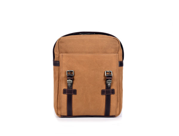 Tan Canvas and Brown Leather Backpack with Dual Buckle Straps – Vintage Travel Rucksack by Aaron Leather Goods