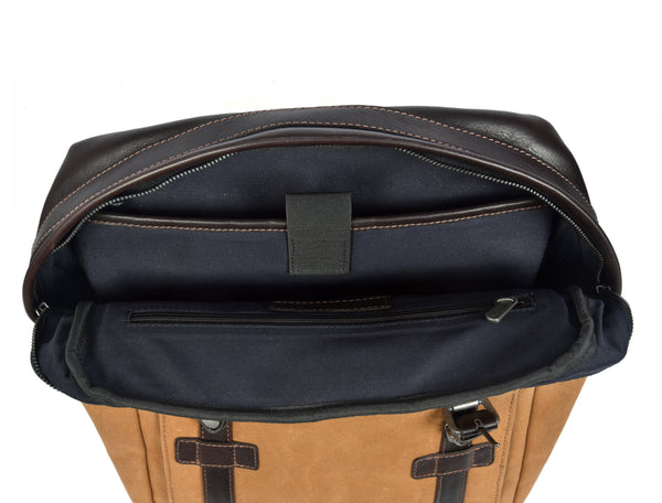 Tan Canvas and Brown Leather Backpack with Dual Buckle Straps – Vintage Travel Rucksack by Aaron Leather Goods