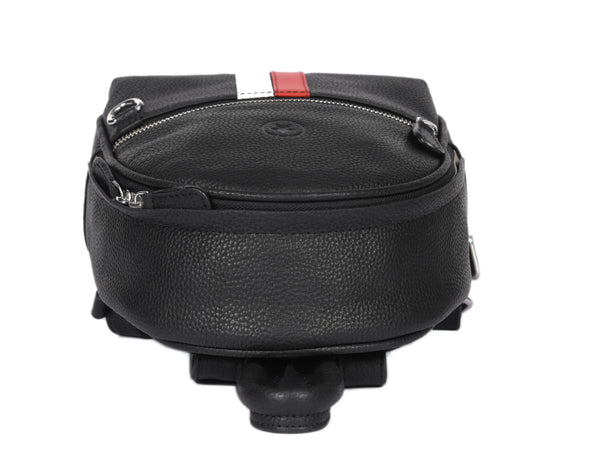 Stylish Black Leather Mini Backpack with Red & White Stripe – Compact Travel & Daily Bag - Aaron Leather Goods