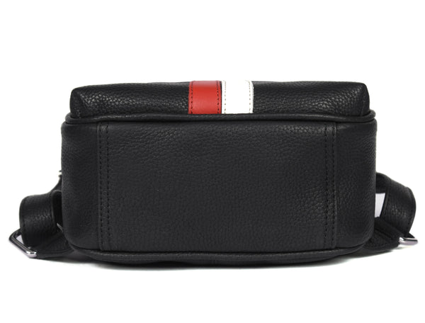 Stylish Black Leather Mini Backpack with Red & White Stripe – Compact Travel & Daily Bag - Aaron Leather Goods