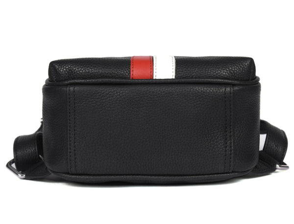 Stylish Black Leather Mini Backpack with Red & White Stripe – Compact Travel & Daily Bag - Aaron Leather Goods