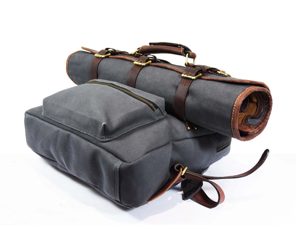 Aaron Leather Goods Canvas & Leather Knife Roll + Travel Backpack Combo