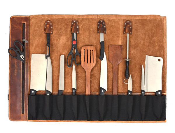 Tuscania Leather Knife Roll & Bag Combo - Caramel Brown - Aaron Leather Goods