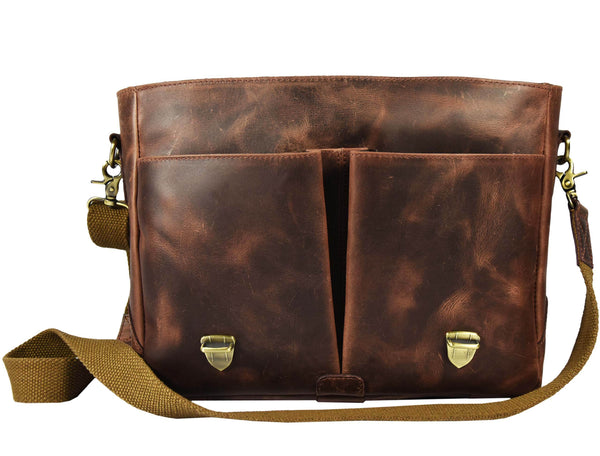Vintage Leather Messenger Bag for Men – Rustic Full - Grain Leather Satchel Briefcase for Laptop, Work, and Travel - Aaron Leather Goods