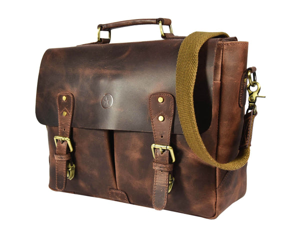 Vintage Full-Grain Leather Messenger Bag – Rustic Laptop Satchel for Work & Travel