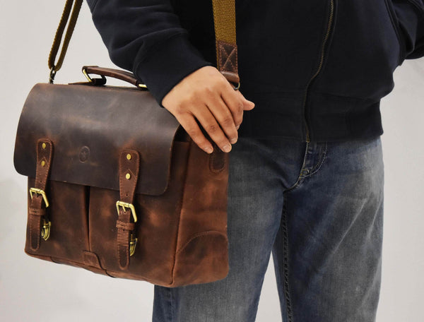 Vintage Full-Grain Leather Messenger Bag – Rustic Laptop Satchel for Work & Travel