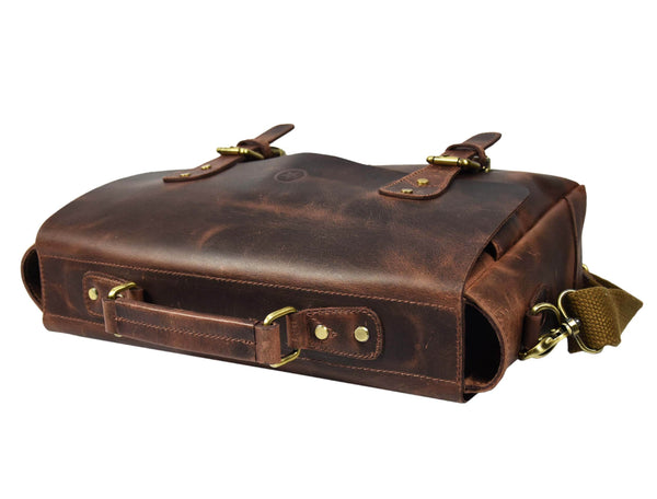 Vintage Full-Grain Leather Messenger Bag – Rustic Laptop Satchel for Work & Travel