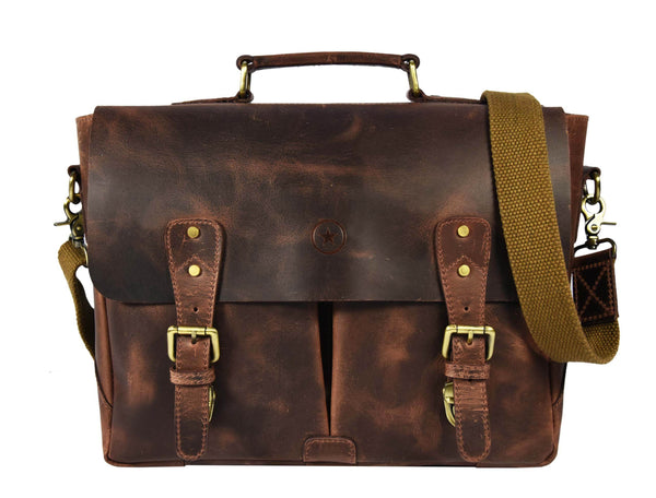 Vintage Full-Grain Leather Messenger Bag – Rustic Laptop Satchel for Work & Travel