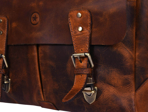 Vintage Full-Grain Leather Messenger Bag – Rustic Laptop Satchel for Work & Travel