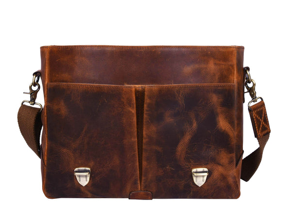Vintage Leather Messenger Bag for Men – Rustic Full - Grain Leather Satchel Briefcase for Laptop, Work, and Travel - Aaron Leather Goods